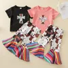 enfants Ensembles de vêtements filles tenues enfants Cross manches courtes Tops + Vache imprimé coloré Pantalon évasé 2pcs / set été mode Boutique bébé Vêtements