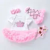 赤ちゃんガールドレスピンクのふわふわのチュールドレスのための最初の誕生日のドレス+靴+ヘッドバンド+靴下4ピーススーツの子供服0-2t YK006 210610