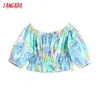 Tangada Femmes Floral Imprimer Hors Épaule Blouses Courtes Vintage Manches Bouffantes Élastique Ourlet Chemises Femmes Blusas Chic Tops BE906 210609