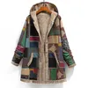 Abrigo cálido de mezcla de lana para mujer, estampado Retro, forro polar grueso con capucha, largo con bolsillo, algodón y lino, holgado, 2022
