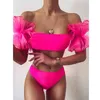 Sexy Lace Bubble Sleeve Bikini Women Swimsuit Bandeau Push Up Set Solid Swimwear Female Bathing Suits Beach Wear 210629