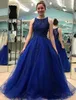 Royal Blue 2021 Abiti da ballo da ballo perline Lunghezza senza maniche Tulle Colletto Gioiello Abito da sera Formale Party Wear Vestidos su misura su misura