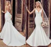 2022 Bröllopsklänning Mermaid Satin Deep V-Neck Backless Marry med för Party Plus Size Bride Gown Vestidos de Novia Mariage