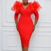 Bodycon Dresses Plus Size Women V Neck Patchwork Mesh Ruffle Half Sleeve Drop Office Lady Afton Party Födelsedagrockar 210527