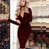 Vrouwen Vintage Sexy Bodycon Slanke Feestjurk Lange Mouw Diepe V-hals Solid Casual Elegante Jurk Winter Mode Jurk