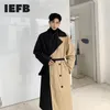 IEFB Men's clothing Design Windbreaker With Belt Personality Hit Color Patchwork Loose oversize Long Coat Male trech 9Y189 210819
