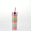 16oz Skinny Tumblers Dubbelskikt Plast Straw Cup Sommarparty Rainbow Gradient Glitter Riktig flaska för tjejer Kvinnor vid havet T2i52332