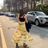 Womengaga Kore kadın Uzun Maxi Etek Örgü Sarı Yaz Seksi Yüksek Bel Şeffaf Pileli BB42 210603
