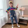 Flickor Kläder Rainbow Hoodies + Denim Jumpsuit Teenage Clothing Sequin Sets Casual Style Kid 6 8 10 12 14 210528