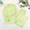 Hechan Green Khaki Mulheres Sleepwear com Sashes Soltos de Manga Longa Bolso Pijama Feminino Calças Sólidas Nightgown Home Suit 210928