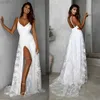 Dames Boho Lange Maxi Jurk Zomer Sexy Dames Kant Strand Avond Party Trouwjurken Mouwloze Sling V-hals Slit Jurk 210527