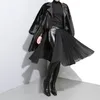 Japansk stil kvinna solid svart chiffong veckad kjol justerbar läderbälte hög midja delade flickor midi casual kjolar 876 210315