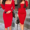 Womens Elegant Fashion Sexy Black Blue Red Cocktail Party Slim Fit Dresses Square Collar Long Sleeve Design Bodycon Midi Dress Y1204