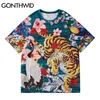 Tshirts Streetwear Cherry Blossoms Tiger Crane Hip Hop Harajuku Fashion Casual Katoen Losse Mannen T-shirts Tops 210602