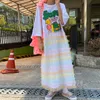 Korejpaaの女性のドレス韓国のシックな夏のo-neck kawaii漫画プリントレースメッシュ波点ステッチケーキvestido女性210526