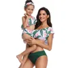 Tropisk baby badkläder mamma och dotter lämnar ruffles av axel baddräkt bikini set barn familj badande kläder semester 210529