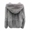 Toda la piel Natural Real Rex Abrigo de piel Ropa Ropa de invierno con capucha Chaqueta corta de manga larga Abrigo de abrigo de gran tamaño 211122