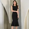 Zomer zwarte strakke jurk Koreaanse dames mouwen Crew nek sexy kantoor bodycon feestjurken voor vrouwen 210602