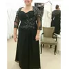 2021 robes de mère noires a-ligne 3/4 manches en mousseline de soie Appliques perlées grande taille marié robe d'invité de mariage robes de bal