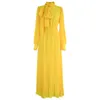 [DEAT] Women Dress Stand-up Collar High Waist Floor-length Long Sleeve Yellow Loose Fashion Spring Summer 13Q336 210527