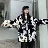 Cappotto di moda invernale coreano Cappotto Harajuku Mucche Stampa Stampa Giacca a maniche lunghe Full Giacca in pelle Vintage Flanella Tenere vestiti in cotone caldo 210722