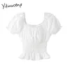 Yitimuceng Camicetta bianca Donna Pieghe Camicie Manica a sbuffo Colletto quadrato Sottile Solido Estate Moda coreana Sweet Tops 210601