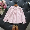 Девушка кружевная блузка с длинным рукавом рубашка для девочек принцесса розовые школьные блузки детские девушки питер Pan воротник блузка цветочная детская одежда 210306