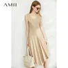 Minimalism Cotton Women's Summer Dress Offical Lady Solid Oneck Irregular Hem Knee-length 12070172 210527