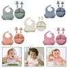 4 Pcs/Set Baby Training Feeding Food Bowl Spoon Fork Bibs Set Anti Slip Silicone Suction Divided Plate Tray Utensil 39XF G1210