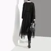 Plus Größe Frau Winter Solid Black Lose Kleid Langarm Mesh Overlay Bänder Damen Casual Stil Midi Kleid Robe Femme 4564 210303