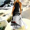 Women Sexy Off Shoulder Long Dr2021 Summer Elegant SleevelHalter Party DrFemale Vintage Print Pleated Beach Dress X0529