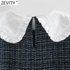 Zevidade Mulheres Vintage Agaric Lace Peter Pan Collar Patchwork Houndstooth Mini Mini Vestido Feminino Chique Casual Quimono Vestido DS8111 210603