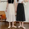 Vintage svart polka dot midi kjol kvinnor hög midja chiffon s sommar a-line lång elegant kvinnlig botten 210601