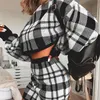 Women Plaid Knitted Two Piece Dress Long Sleeve O Neck Crop Sweaters High Waist Mini Skirts Female Fashion Autumn Party Outfits