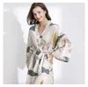 Sleepwear Szata Wiosna Cienka Bawełniana Silk Kobiety Koszulka Kwiat Drukowany Długi Rękaw Piżama Szlafrok Dla Kobiet 210924