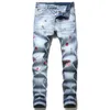 Mode män rippade smal passform jeans skinny rakt ben tvättade mens frayed motocycle denim pants hip hop stretch biker män byxor 1098