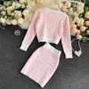Koreanska söta sticka Plaid Cardigans + Camisole Skirts 3PCS Satser Girls Short Sweater Coat Vest Mini Skirt Suit Outfits 210722