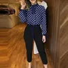 Détail noué Top Polka Dot Print Pantalon Set Casual Femmes Deux pièces Ensemble Tenues Bureau Workwear 210727