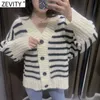Zevity Women Vintage V Neck Striped Cardigan Knitting Sweater Ladies Chic Batwing Sleeve Button Casual Loose Retro Tops S555 210603