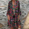 Boho Dres Loose Floral Print Z Długim Rękawem V-Collar Button Party Eleganckie Seksowne Suknie Plus Size Vestidos de Festa 210623