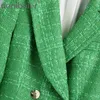 Aonibeier Moda Simples Verde Verde Tweed Tweed Notched Duplo-Breasted Fitted Blazers Feminino Inglaterra Estilo Bolsos Curto Casacos