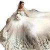 Luxury Floral Lace Appliques Wedding Dress Long Sleeves A Line Bridal Gowns Crew Neck Ivory Tulle Chapel Bride Wedding Dresses Court Train 2022 robes de mariée