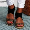 Women Summer Wees Sandals Leopard Cross Tie Snakeskin Ladies Open Toe Zipper Female Beach Shoes Soft Hemp Bottom Plus Size New X0526