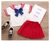 LZH 2021 Sommar Baby Girls Kläder Suit Kortärmad T-shirt + Kjol 2PCs Stetsar Barnkläder Kids Navy Style School Uniform X0902