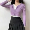 Mode femmes fille Simple Double couche printemps Sexy violet faux deux spectacle nombril tricoté pull femme Q003 210603