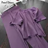 Pearl Diary Women Pits Breed Gebreide Rib Top en Pant Casual Set Korte Mouw Top Elastische Tailleband Trekkoord Broek Co-Ords Y0625