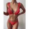 Sexy Bikin Set Ruffle Maillots De Bain Femmes Maillots De Bain Biquni Push Up Beachwear Solide Brillant Maillots De Bain Évider Bikinis 210604