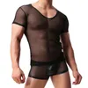 MENS MESH T-shirt Gymträning Sheer Top Clubwear Sexiga transparenta män Underkläder Set Boxers Shorts See Through Sexy Men Clothes253s