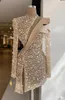 Champagne Evening Dresses Luxury Sequins Beads High Neck Long Sleeves Prom Dress Formal Party Gowns Custom Made Knee Length Robe de mariée