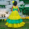 Blumenrüschen Bunte Tiermädchenkleider V-Ausschnitt Kristallschärpe Falte A-Linie Kinderfestzugkleid Besonderes Abendkleid für Kinder